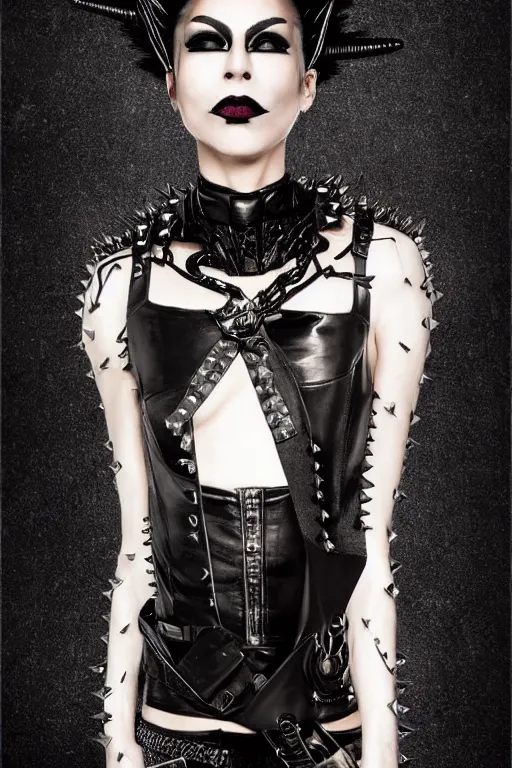 Image similar to a mexican genderqueer person in a black leather outfit with spikes on their b a high fashion character portrait by christen dalsgaard, featured on behance, gothic art, androgynous, genderless, gothic