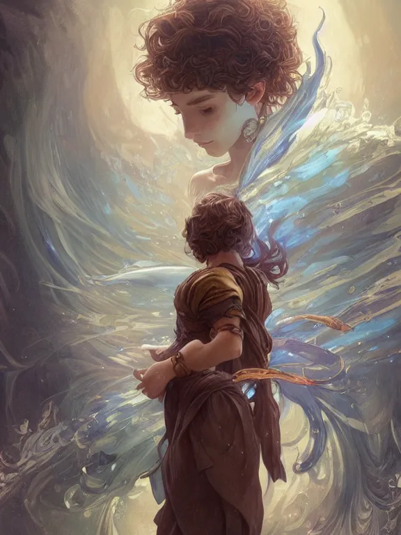 Prompt: young summoner with a water elemental, fantasy, man, intricate, elegant, highly detailed, digital painting, artstation, concept art, wallpaper, smooth, sharp focus, illustration, art by artgerm and greg rutkowski and alphonse mucha