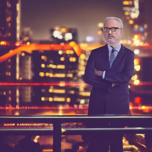 Image similar to a still of Wolf Blitzer . Shallow depth of field. City at night in background, lights, colors ,studio lighting, mood, 4K. Profession photography