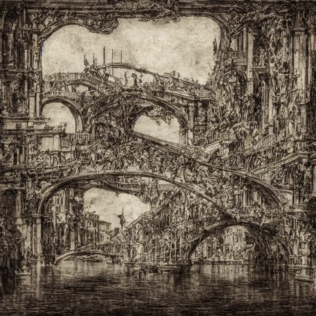 Prompt: oniric dream of the bridges of venice by piranesi, historic, ancient venice, composition, cinematic, rule, grid