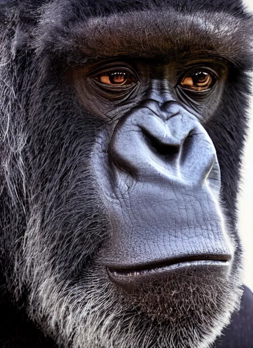 Image similar to platon closeup photograph of harambe in a suit, photorealistic, studio lighting, ektachrome, detailed, intricate, face detail