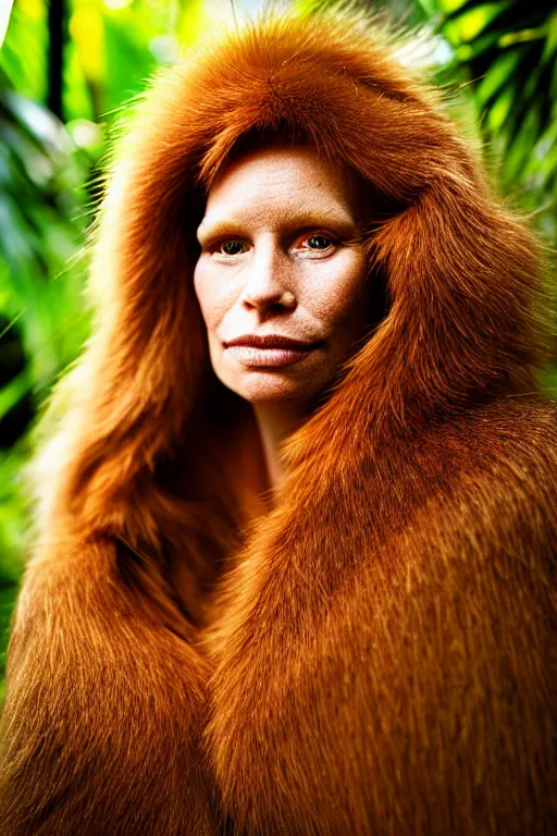 Image similar to a professional portrait photo of a neanderthal woman in the tropical jungles, ginger hair and fur, extremely high fidelity, natural lighting, national geographic magazine cover.