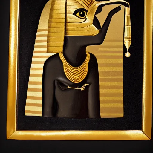 Prompt: painting of the god Anubis wearing an office suit with a gold necklace, looking at the camera, black background, studio light