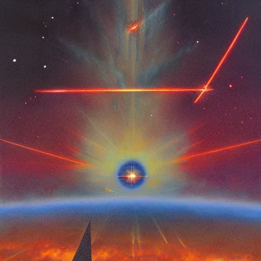 Prompt: spires made of laser energy shooting down from the heavens bursting the ground by les edwards