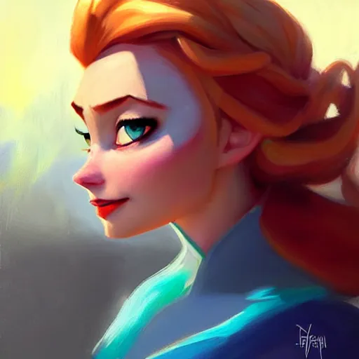 Image similar to Greg Manchess portrait painting of Elsa from Frozen as Overwatch character, medium shot, asymmetrical, profile picture, Organic Painting, sunny day, Matte Painting, bold shapes, hard edges, street art, trending on artstation, by Huang Guangjian and Gil Elvgren and Sachin Teng