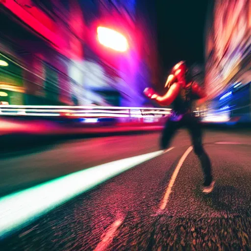 Image similar to gopro pov of a woman wearing scifi helmet running motion blur, cyberpunk night, city, raining