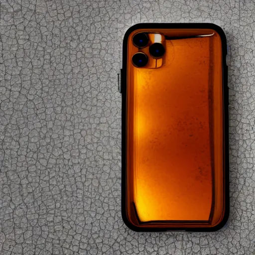 Image similar to an iphone encased in amber, photo realistic, hd,