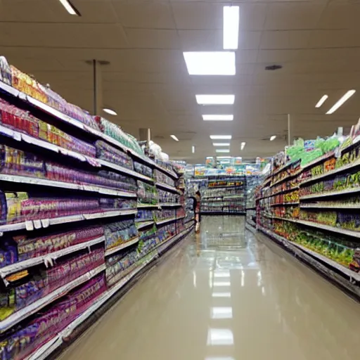 Prompt: photo of a grocery store interior, the aisles is flooded with two meters deep water. eerie, volumetric lighting.