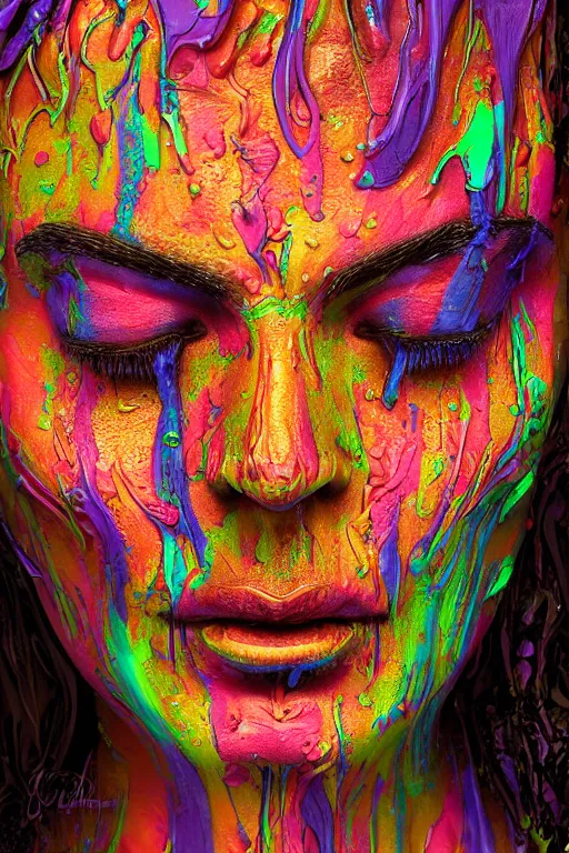 Image similar to psychedelic melting wax face, close up shot, diffuse lighting, intricate, elegant, highly detailed portrait, lifelike, photorealistic, digital painting, smooth, sharp focus