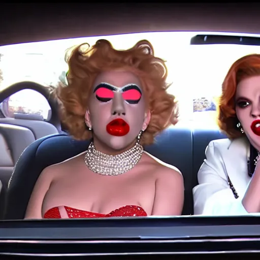 Image similar to carpool karaoke lady gaga and judy garland, highly realistic, highly detailed, high resolution, 8 k 4 k,