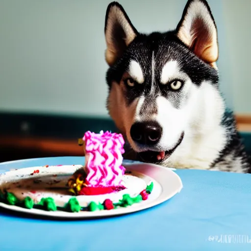 Prompt: a high - quality photo of a husky with a birthday cake, 4 5 mm, f 3. 5, sharpened, iso 2 0 0, raw, food photography