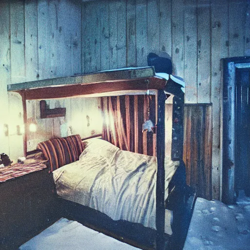 Prompt: interior view of a cabin at night with stovetop, a snowglobe neighbourhood is on top of a wood table, ektachrome photograph, f8 aperture