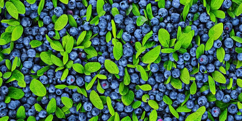 Image similar to artistic medium close-up stylized render of blueberry bushes in a forest. Digital art. 4K. Trending on artstation. Highly detailed. Nature. Artistic. Rustic. Nordic Wild