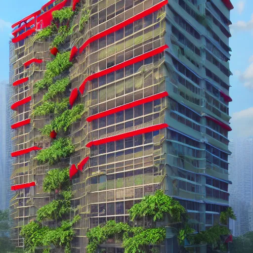 Prompt: multistory building, full of tropical plants overgrowing, glass openings, red mesh in the facede, housing architecture, classical architecture, brutalist architecture, blue hour, archviz, cgi, trending on artstation, architecture visualization, corona renderer, unreal engine, ray tracing, after rain, cinematic, intricate