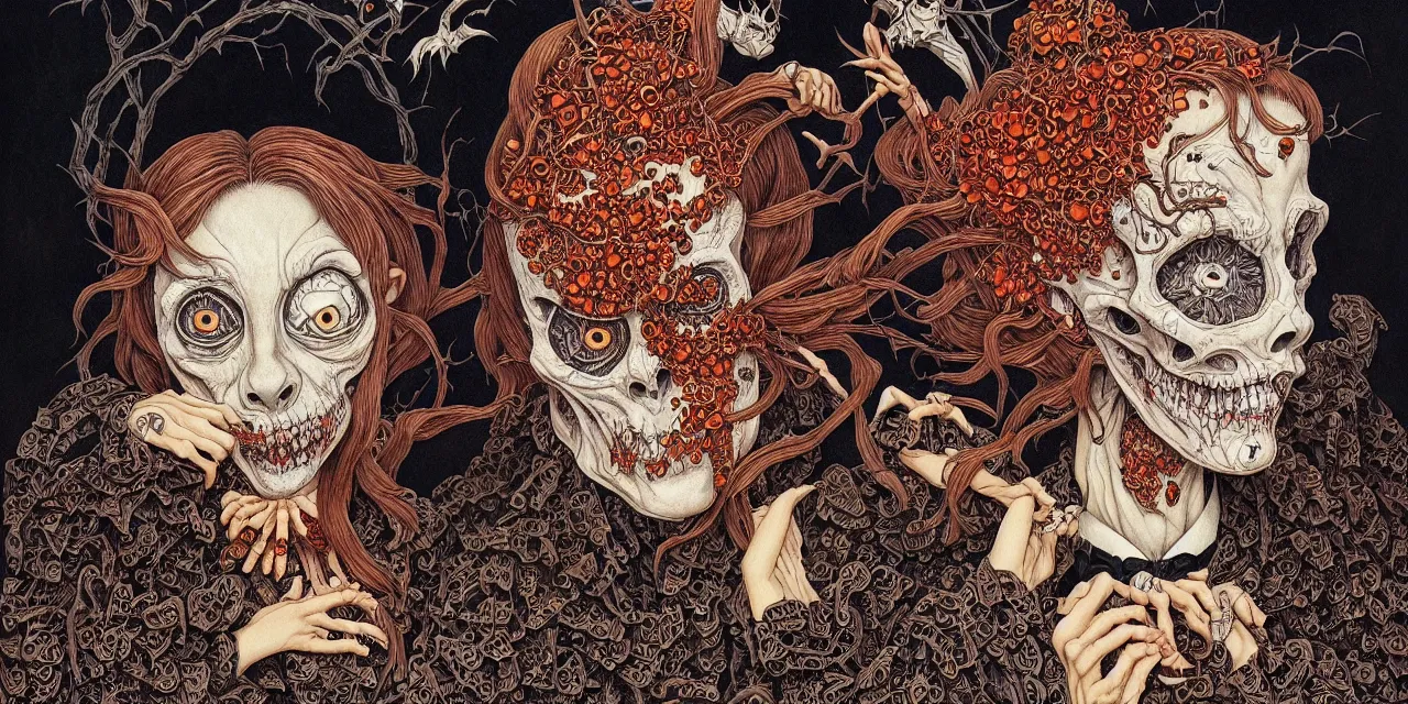 Prompt: portrait painted in jacek yerka style drawn by vania zouravliov and takato yamamoto, inspired by halloween, intricate acrylic gouache painting, high detail, sharp high detail, artstation