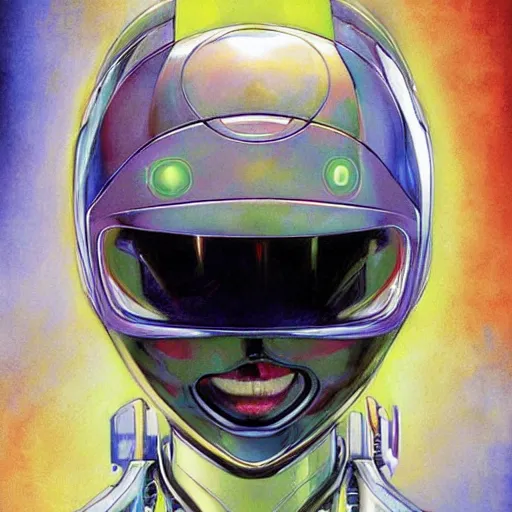 Prompt: a simple concept art portrait of an amazingly designed robot with a sleek modern helmet. an award winning yoshitaka amano digital art poster color painting. a masterpiece by james gurney. poster colour on canvas.