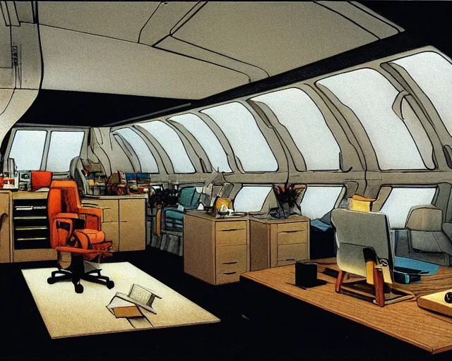 Prompt: cozy spaceship office. interior design. ralph mcquarrie scene. clear photo by keith parkinson, walter simonson, syd mead, keith parkinson. ultradetailed