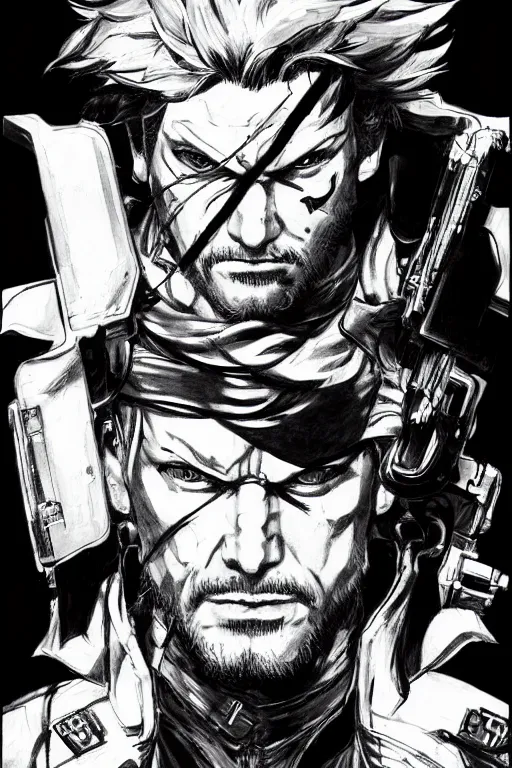 Prompt: solid snake from metal gear, sumi - e style, masterful, ultrafine hyperdetailed illustration, concept art, detailed, intricate linework, art by yoji shinkawa