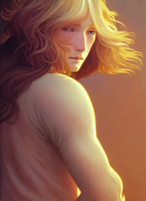 Prompt: pretty young man with shoulder length shiny shimmering golden blond hair, path traced, highly detailed, high quality, digital painting, by studio ghibli and alphonse mucha, leesha hannigan, beautiful details, soft and warm