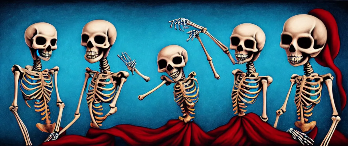 Image similar to hyperrealistic popart very cute milticolored medieval skeletons dancing jason limon digital painting dramatic blue lighting wide angle hd 8k sharp shallow depth of field