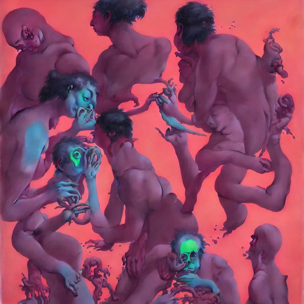 Image similar to weird and disturbing portrait of todd solondz puking blood, todd solondz, vivid colors, neon, art by ( ( ( kuvshinov ilya ) ) ) and wayne barlowe and francis bacon and artgerm and wlop and william - adolphe bouguereau