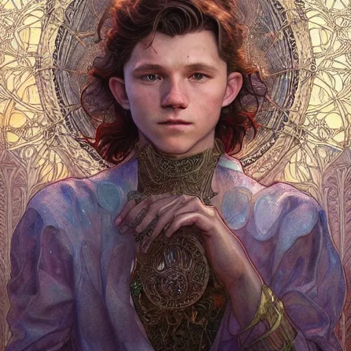 Image similar to tom holland, highly detailed, very intricate, art nouveau, gold filigree, romantic storybook fantasy, soft cinematic lighting, award winning, disney concept art watercolor illustration by mandy jurgens and alphonse mucha and alena aenami, pastel color palette, featured on artstation