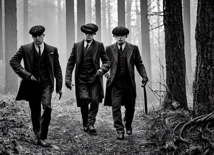 Prompt: a scene from peaky blinders, medium long shot, cillian murphy and tom hardy in a dramatic scene in the woods, sharp eyes, serious expressions, detailed and symmetric faces, black and white, epic photo by talented photographer ansel adams,