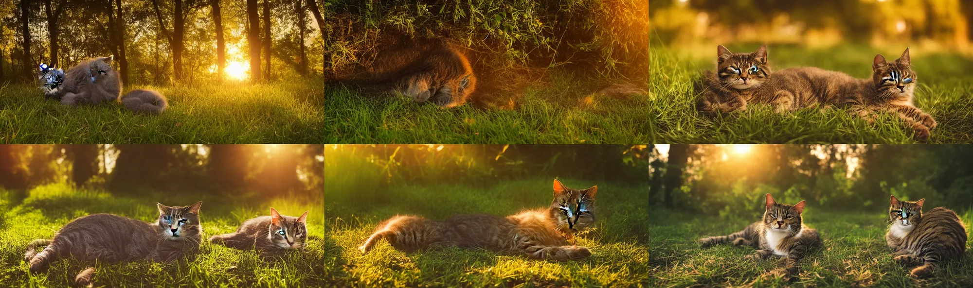 Prompt: a singular cute cat, sleeping on the grass in a forest, near a small river at sunset, godrays, complementary colors, warm lighting, raytracing