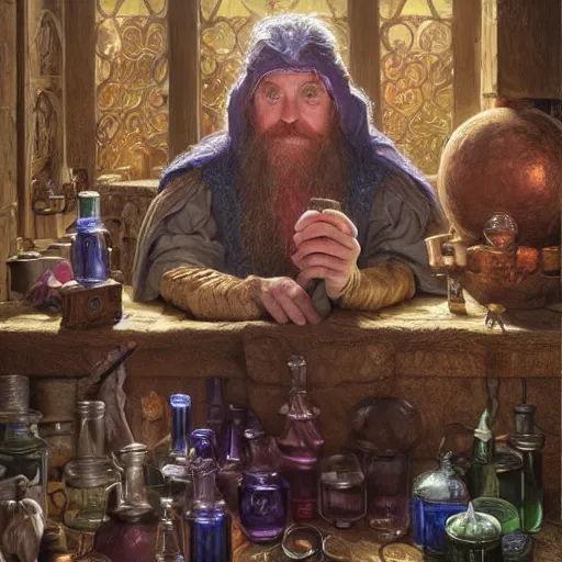 Image similar to The potion seller offers you his strongest of potions, D&D fantasy, portrait art by Donato Giancola and James Gurney, digital art, trending on artstation