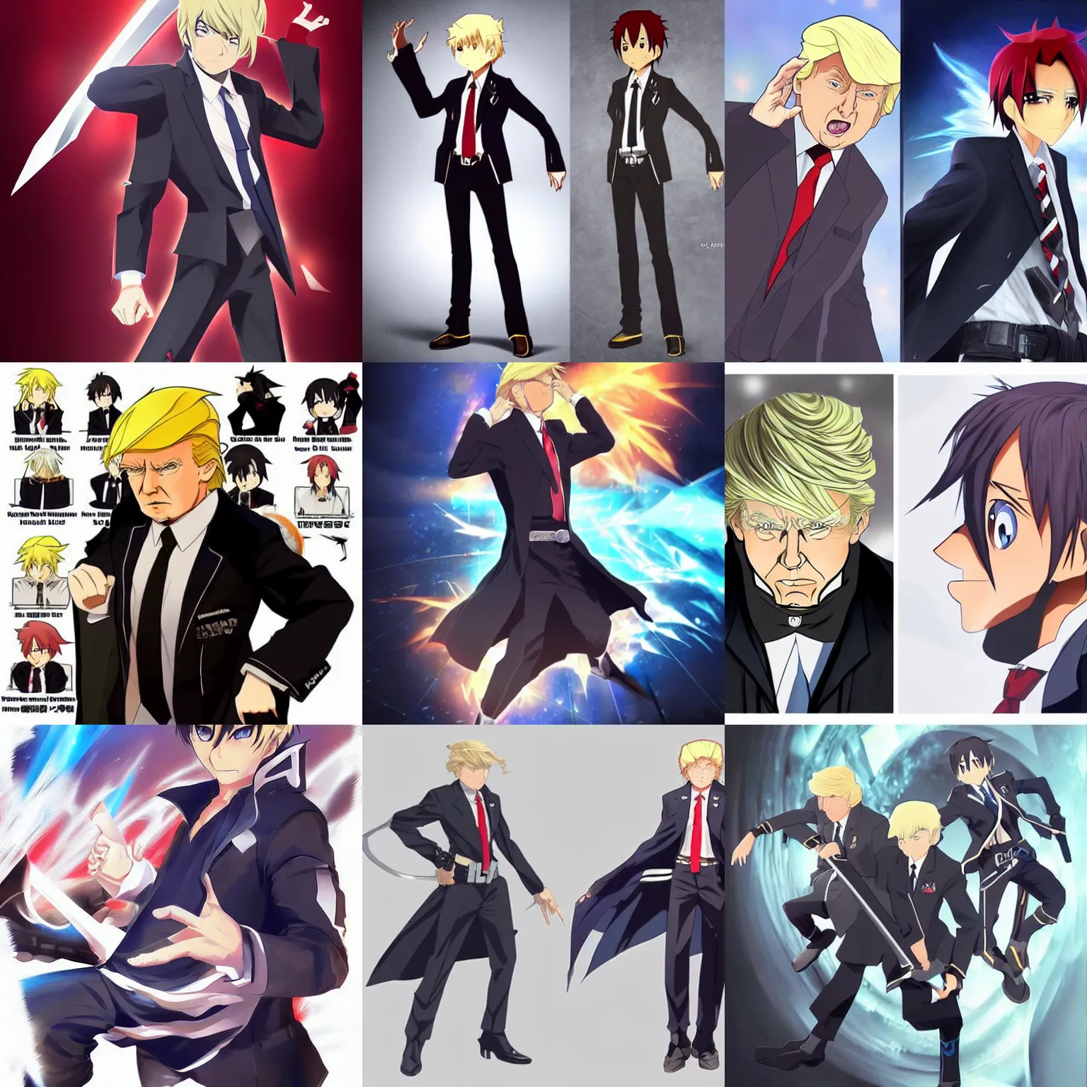 Prompt: fusion of donald trump and kirito from sword art online, featured on pixiv, concept art, official art, 2 d game art, anime aesthetic, dynamic pose