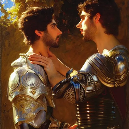 Prompt: attractive male prince fully clothed confesses his love for his attractive male knight fully clothed. highly detailed painting by gaston bussiere, craig mullins, j. c. leyendecker 8 k