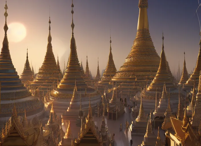 Prompt: A detailed matte painting of the Shwedagon Pagoda temple, huge scale, volumetric lighting, hyper-realistic, photorealistic, digital art, trending on Artstation, 4k, post-processing, Greg Rutkowski