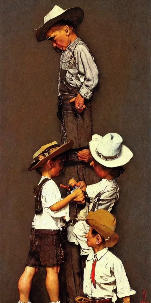 Prompt: “ ( ( ( ( ( tiny hat on a large cowboys head ) ) ) ) ) by norman rockwell!!!!!!!!!!!!!!!!!!!!! ”