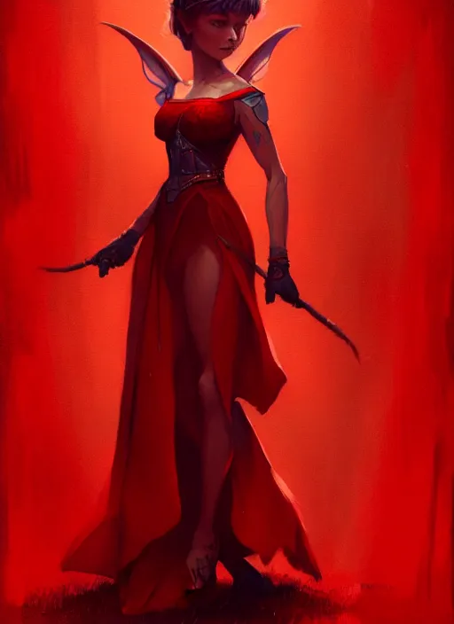 Image similar to Full-body illustration of tiny pixie, D&D fantasy, wearing a red dress, intricate, highly detailed, digital painting, artstation, concept art, sharp focus, illustration, art by greg rutkowski and Ross Tran