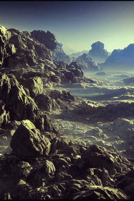 Image similar to mechanoids mining resources in a vast futuristic rocky landscape in the style of thomas cole, raytracing, 8 k, octane render, volumetric, vivid, beautiful, hyperrealism