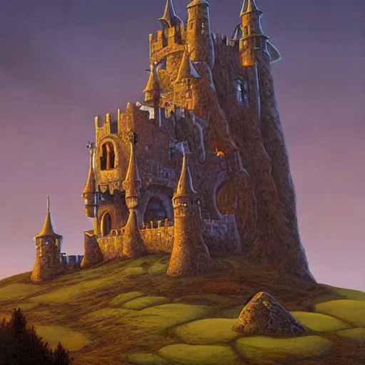 Image similar to haunted castle in a hill next to a giant valley, sunrise by gerald brom