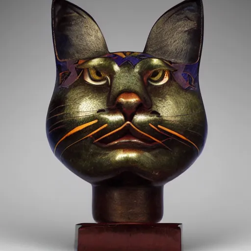 Prompt: masterpiece sculpture of a cloisonne cat head, by annie swynnerton and diego rivera and nicholas roerich and jean delville, symbolist, dramatic lighting, god rays, art brut, rich colors, smooth, sharp focus, extremely detailed, adolf wolfli and ( donato giancola and bilibin )