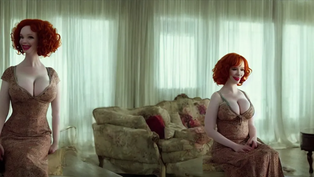 Image similar to a very happy beautiful Christina Hendricks in the living room, film still from the movie directed by Denis Villeneuve with art direction by Salvador Dalí, wide lens