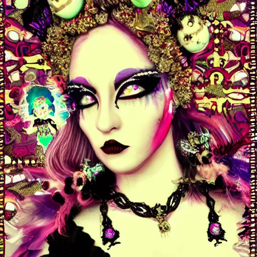 Image similar to baroque bedazzled gothic royalty frames surrounding a pixelsort emo demonic horrorcore Japanese maximalist decora Mad Hatter, sharpened early computer graphics, remastered chromatic aberration