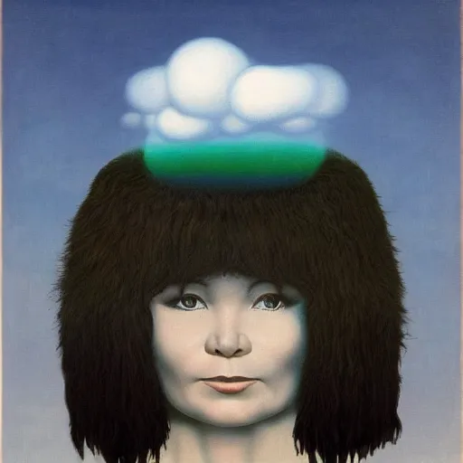 Prompt: very detailed portrait of bjork's face and long hair floating above the dark icelandic ocean into a gray sky. painted by rene magritte, 1 9 2 7. oil on canvas.