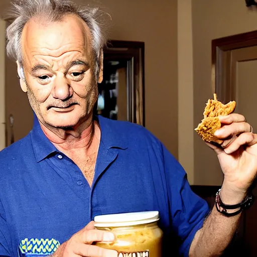 Prompt: bill murray caught eating peanut butter from a jar using his fingers
