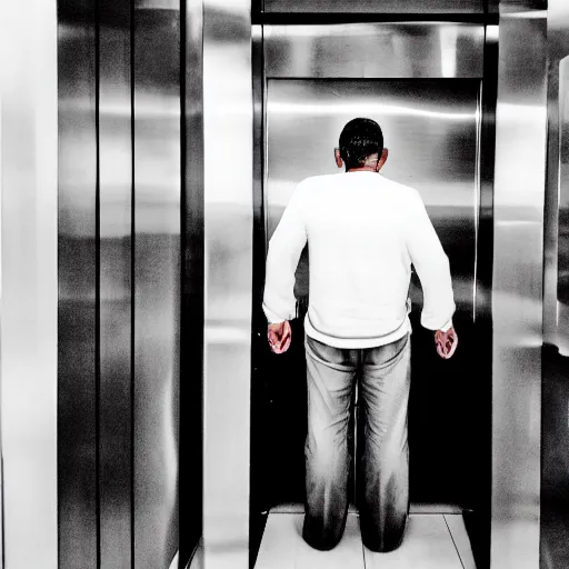 Prompt: a man in an elevator that moves horizontally and vertically