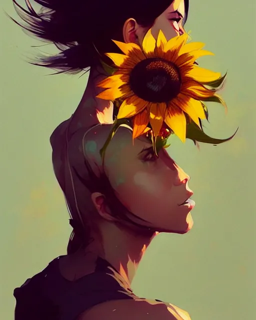 Prompt: a ultradetailed beautiful panting of a stylish woman holding a sunflower, by conrad roset, greg rutkowski and makoto shinkai, trending on artstation