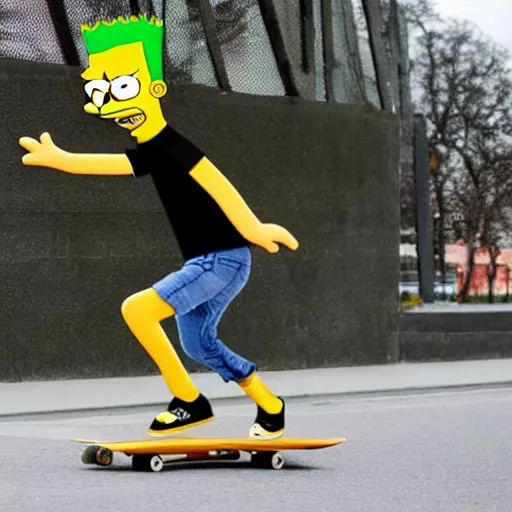 Prompt: bart simpson sucking his sock while skateboarding