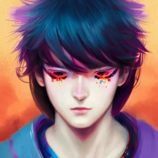 Image similar to colorful and Festive Captivating teenager boy with straight indigo japanese hair, purple eyes, red eye markers, wearing a japanese kimono with golden armor pieces. rich vivid colors, ambient lighting, dynamic lighting, 4k, atmospheric lighting, painted, intricate, highly detailed by Charlie Bowater