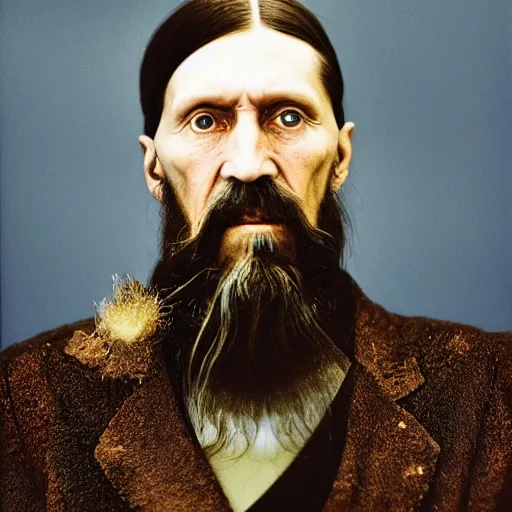 Prompt: a portrait of rasputin with background scenery by juergen teller, iris van herpen