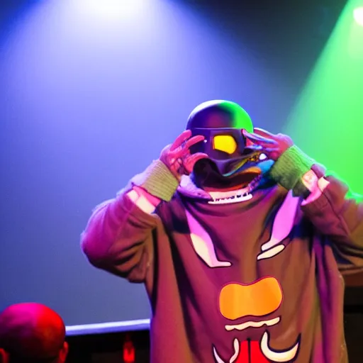 Image similar to cartoon mf doom on a stage with a full band behind him