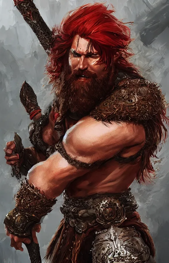 Image similar to an concept art of the barbarian bearded king, red hair, one eye, intricate details, detailed face, detailed armour, artstation, epic pose, ambient light, by david villegas