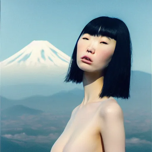 Image similar to a instax photo of fuji mountain, a tall japanese girl in a transparent sheer fabric dress against the background of fuji mountain, severe snow, full body shot, perfect symmetrical body, perfect symmetrical face, coherent symmetrical eyes, by peter kemp, by monia merlo, hyperrealistic, hyperdetailed, octane render, 8 k