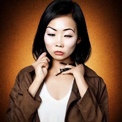 Image similar to photograph of an asian woman thirty years old with burn scars all over her neck and nose wearing a trench coat, steampunk background, portrait, 4 k, hd, art station trending, sharp and highly detailed